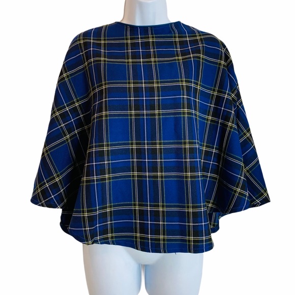 Vintage Beautiful Handmade Blue Tartan Cape Shawl - Picture 2 of 10